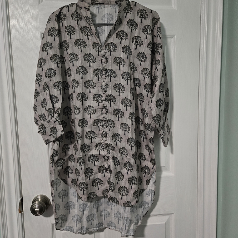 Gray And Dark Green Tree Print Button Cotton Salwar Kameez / 2 Piece Co-ord Set